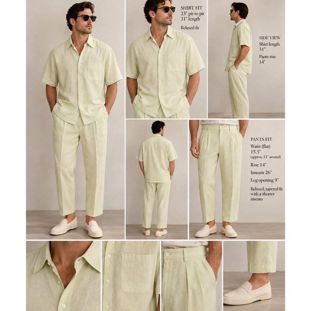 Cocabana Mens M 2 Piece Shirt Pants Set 90s Y2K Resort Linen Look Yellow Green